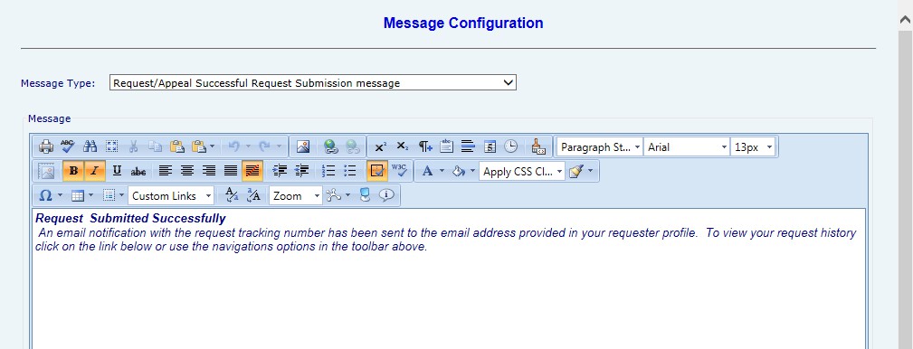 Message configuration screen showing successful request submission details and instructions.